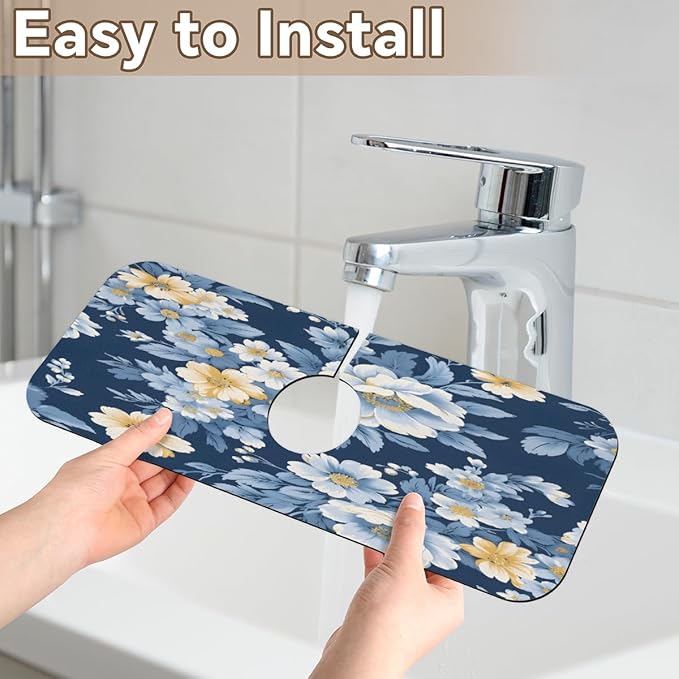 Deep Blue Floral Kitchen Faucet Mat Splash Guard, 15.4”x5.7” Absorbent Quick Drying Sink Mat for Countertop Protection, Draining Mat Sink Protectors For Kitchen Bathroom, 1 Pack