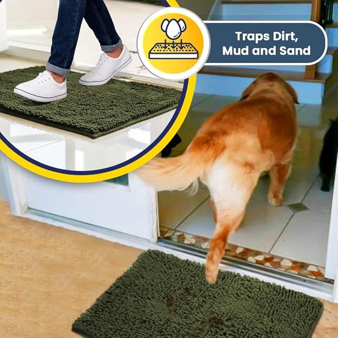 Muddy Mat® | Super Absorbent Door Mat Indoor, Microfiber Quick Dry Chenille Entryway Rug, Non-Slip Front Door Mat, Indoor Mats for Entryway, Machine Washable Pet Rug, Army Green 24"x36"