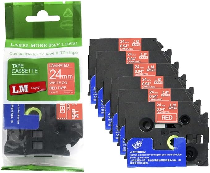 6/Pack LM Tapes - LMe-455 Premium 1" White Print on Red Label Compatible with Brother TZe-455 P-Touch and Includes Tape Color/Size Guide. Replaces TZ455 24mm 0.94 Laminated