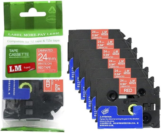 6/Pack LM Tapes - LMe-455 Premium 1" White Print on Red Label Compatible with Brother TZe-455 P-Touch and Includes Tape Color/Size Guide. Replaces TZ455 24mm 0.94 Laminated