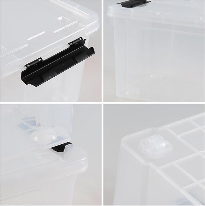 4 Pack 23 L Plastic Storage Bins with Wheels, Clear Storage Latch Box with Lids