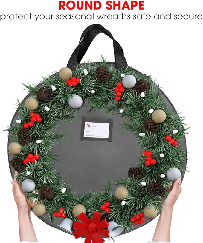Primode Heavy Duty Christmas Wreath Storage Bag 24"- Garland Wreaths Container with Handles - Durable 600D Oxford Polyester Material Holiday Wreaths Storage Holder (24", Gray)
