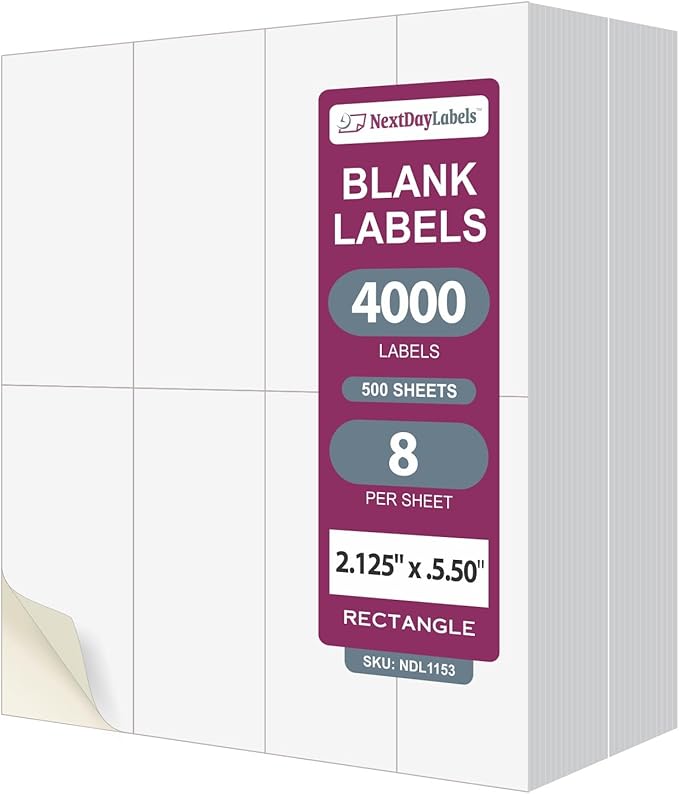 NextDayLabels 2.13x5.5 Inch Rectangle Stickers White Blank Labels for Laser Inkjet Printer - 8 Per Sheet Self-Adhesive Unique Size Label Made in USA - 4000 Labels