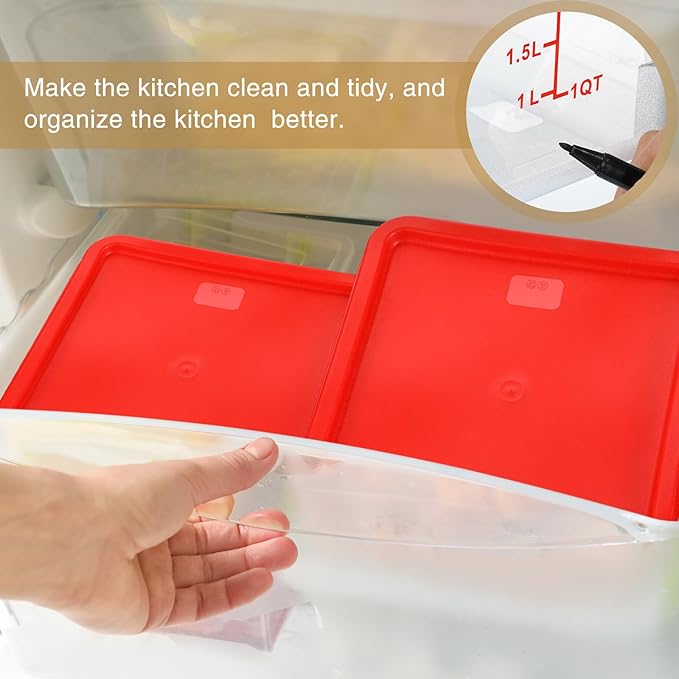 Suclain 2 Pcs Square Food Storage Container Polycarbonate Clear Food Container with Lid Commercial Rice Storage with Graduations for Commercial Kitchen(2 Qt,4 Qt,Red)