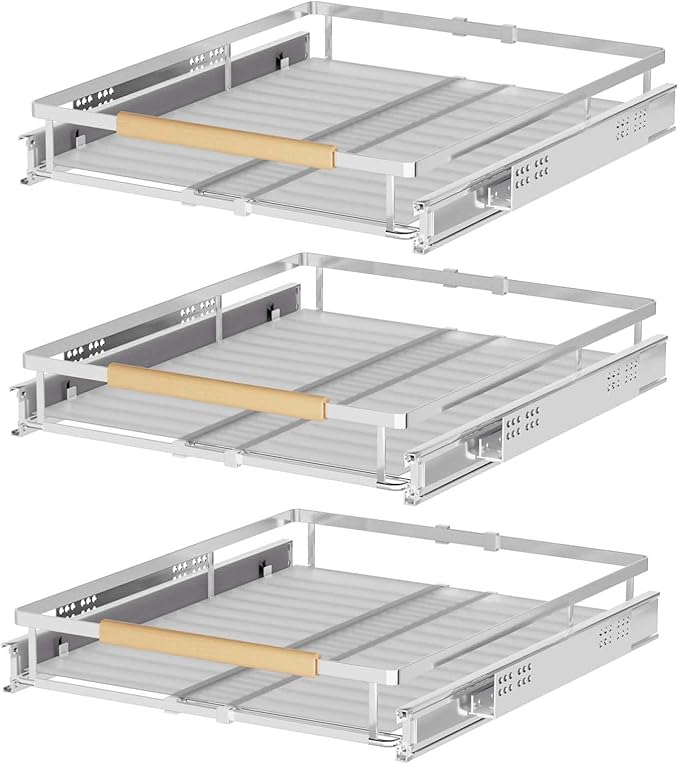 Pull Out Cabinet Organizers,Expandable Slide Out Storage Shelves,D:17.1” x W:12”-18.3” Stainless Steel Storage Drawers,3 Packs of Heavy Duty Gliding Cupboard Shelves for Home Kitchen Pantry Cupboard