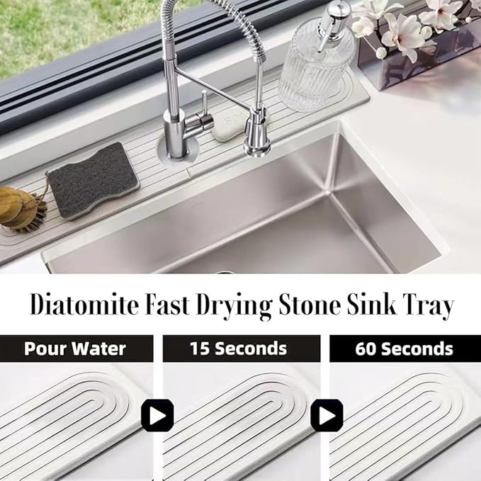 Stone Faucet Mat for Kitchen Sink, 23.6'' Long Quick Drying Absorbent Diatomite Sink Tray, Faucet Splash Guard for Kitchen,Bathroom Counter, Prevents Moisture, Super Absorbent, White