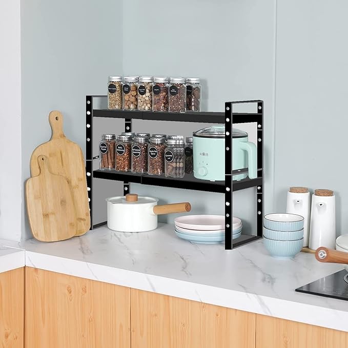 Jojocross Expandable Stackable Spice Rack Cabinet Shelf Organizer in Cabinets Shelves Kitchen Cupboard Organization Stack up Racks Pantry Countertop Storage Medium/Black 1 Pack
