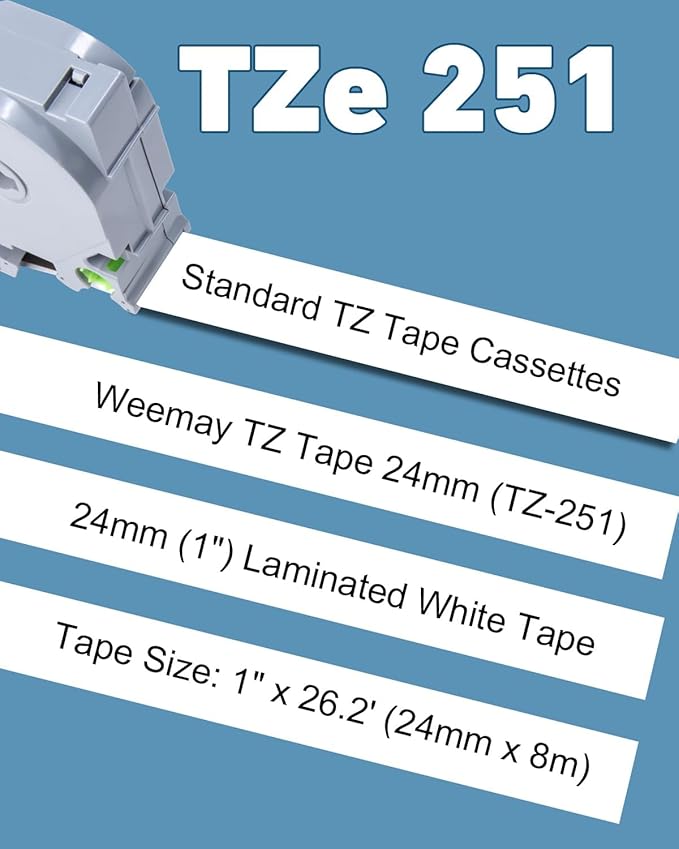 Weemay TZ Tape 24mm 0.94 Laminated White TZe-251 Compatible for Brother P Touch Label Tape 24mm Black on White TZc251 TZ251 TZ 251 for PT-P700 PT-P750W PT-D600 PT-P900W Printer (4 PK, 1 in x 26.2 ft)