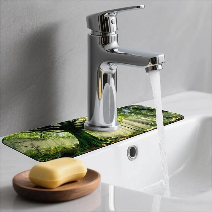 Kitchen Sink Splash Guard，Quiet Forest Faucet Mat Sink Gadgets-Super Absorbent Fast Drying Mat Drip Catcher for Kitchen, Bathroom,Sink Mat, Dish Drying Mat, Bathroom(15" X 5.5" )