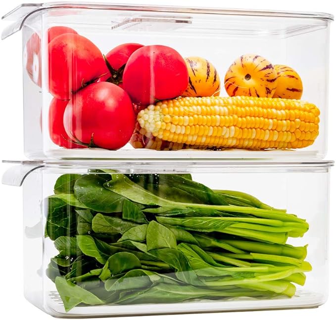 SANNO Produce Saver Refrigerator Organizer Bins with Lids And Removable Drain Tray Food Storage Container Fridge Stackable Freezer Bins For Kitchen Produce Fruit Vegetable (Set of 2)
