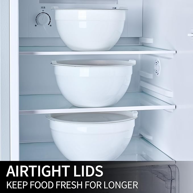 LKTDYMEG White Mixing Bowls with Lids Set of 7, Stainless Steel Nesting Bowl with Khaki Lid for Non-slip Mixing Prepping Storing Serving, 7 Sizes-7/3.6/2.7/2.1/1.5/1/0.8 QT