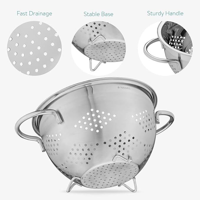 Navaris Stainless Steel Colander 3 Quart / 2.8L - Metal Strainer with Large Holes and Handles for Pasta, Spaghetti, Vegetables, Rice
