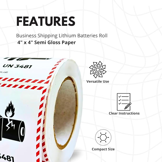 Great Eastern 500 Pcs – UN 3481 Lithium-Ion Battery Labels, 4" x 4" Adhesive Caution Stickers for Shipping, Packaging & Transport Boxes | Fragile Handling Labels, (1 Roll)