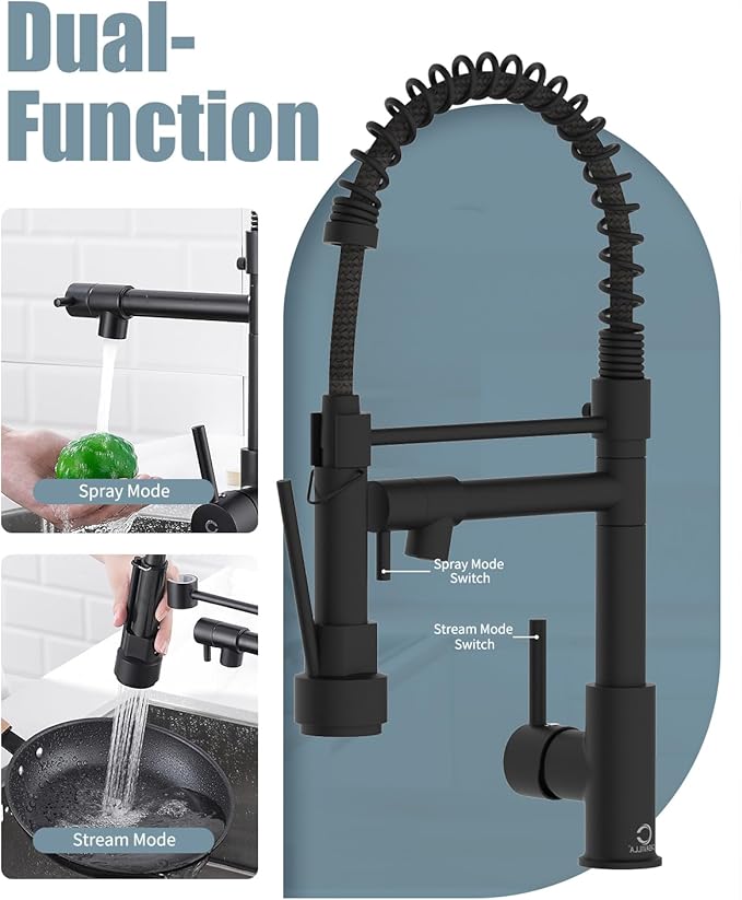 Kitchen Faucet, Black Kitchen Sink Faucets with Pull Down Sprayer, Single Handle Stainless Steel Faucets for Kitchen Sinks, Dual Function Spray Head, Farmhouse Kitchen Faucets,KF-B-8001