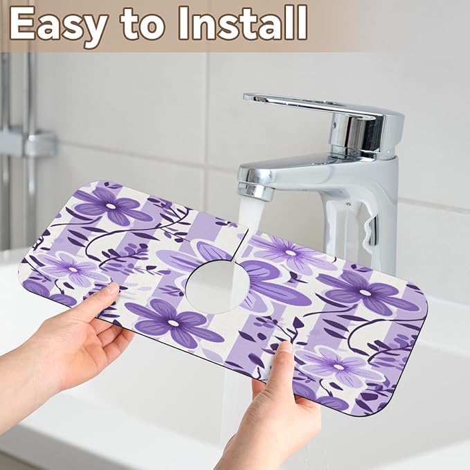 Purple Floral Stripe Kitchen Faucet Mat Splash Guard, 15.4”x5.7” Absorbent Quick Drying Sink Mat for Countertop Protection, Draining Mat Sink Protectors For Kitchen Bathroom, 2 Pack