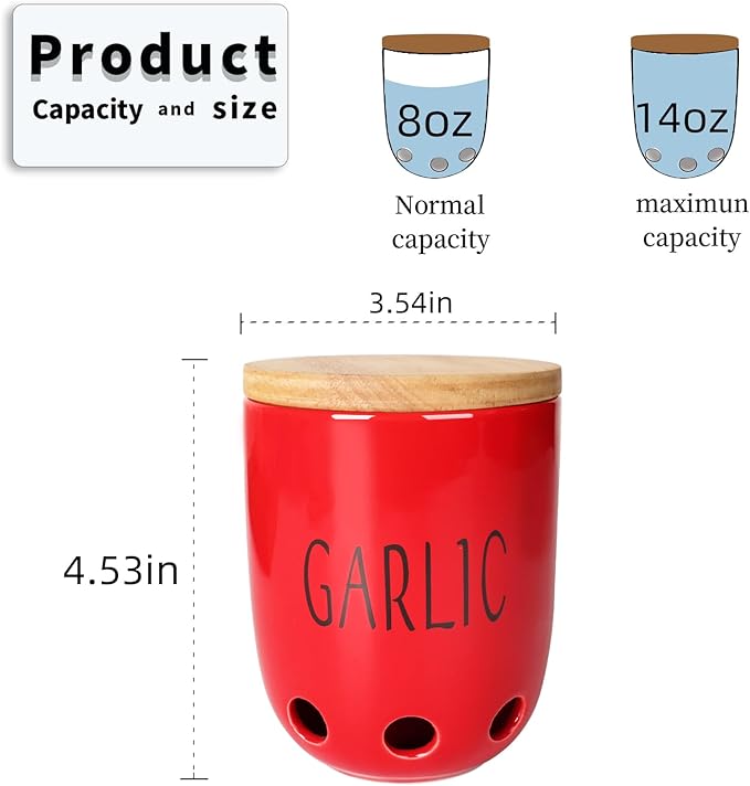 HAOTOP Ceramic Garlic Keeper for Counter, Garlic Saver Container with Wood Lid, Garlic Keeper for Kitchen, Garlic Holder to Keep Your Garlic Cloves Fresh Longer (Red)