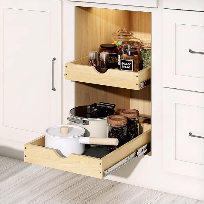 YORKING 2 Tier Pull Out Cabinet Organizer,17" W x 21" D Wooden Cabinet Pull Out Shelves,Heavy-Duty Slide out Wood Drawer Shelf,Pull Out Drawer for Cabinets,Pantry, Bathroom,Kitchen