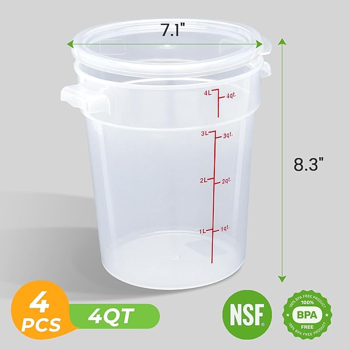 BIEAMA 4 Pack Round Food Storage Containers with Lids, 4Qt Translucent Commercial Food Container, Polypropylene, BPA Free, Includes Labels & Measuring Cups