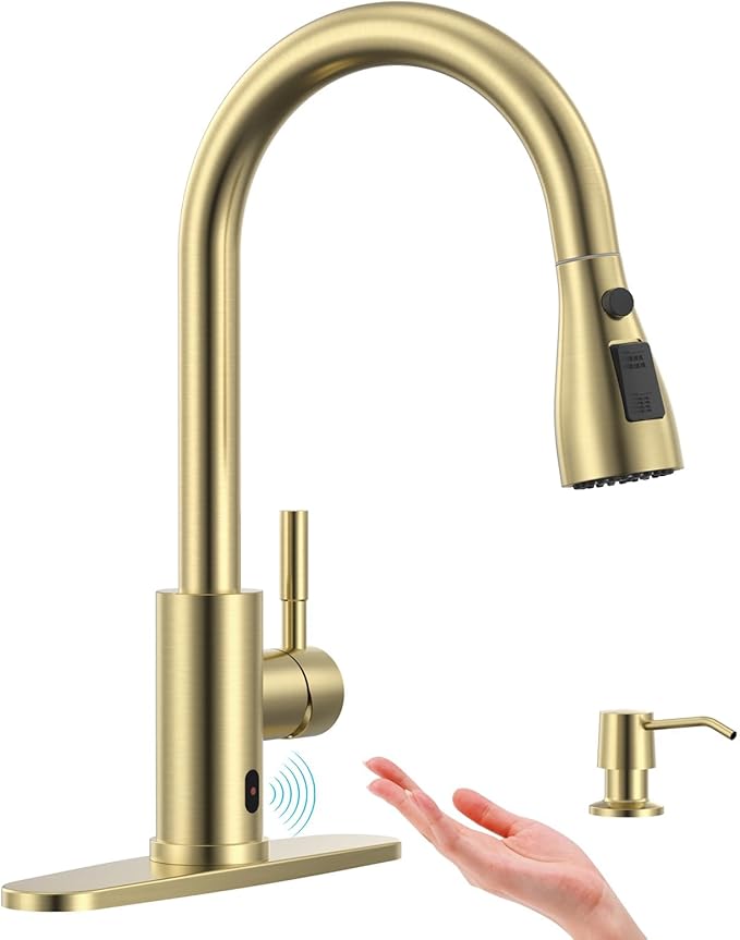 APPASO Touchless Kitchen Faucet Gold, Touchless Kitchen Faucet with Soap Dispenser, Pull-Down Sprayer, Single Handle Stainless Steel, Hands Free for 1-4 Hole Sink, Brushed Gold, Easy Installation