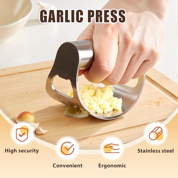 2026 New Heavy Duty Stainless Steel Garlic Press - Garlic Crusher Tool with Peeler and Cleaning Brush, Essential Kitchen Gadgets for Garlic Lovers (1 set)