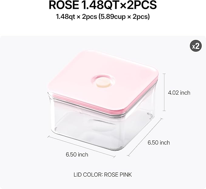 VAKUEN Premium Airtight Food Storage Containers ROSE Square 1.48qt 2P/SET, Patented Double Silicone Lining, 100% Leak Proof, BPA-FREE
