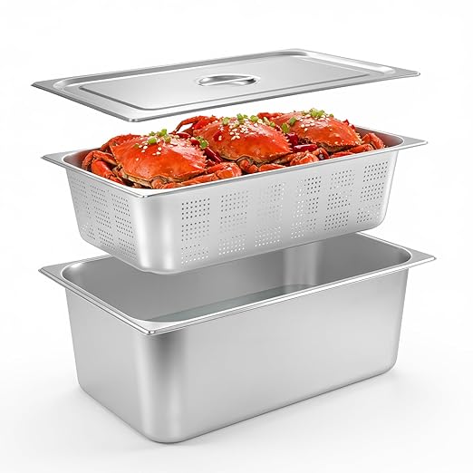 Dyna-Living 3 Pack Full Size 6 Inch, 8 Inch Hotel Pan Perforated Steam Table Pans with Lid Stainless Steel Chafing Dish Pans Commercial Food Pan for Catering Buffet Hotel Home Restaurant Supplies