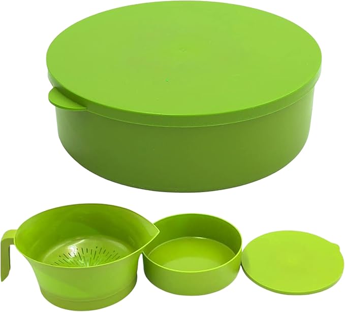 Easy Greasy 3-Piece Colander Grease Strainer Set – Green Grease Separator with Handle, Container & Lid – Strains Bacon, Pasta, Ground Beef – BPA-Free Kitchen Gadget