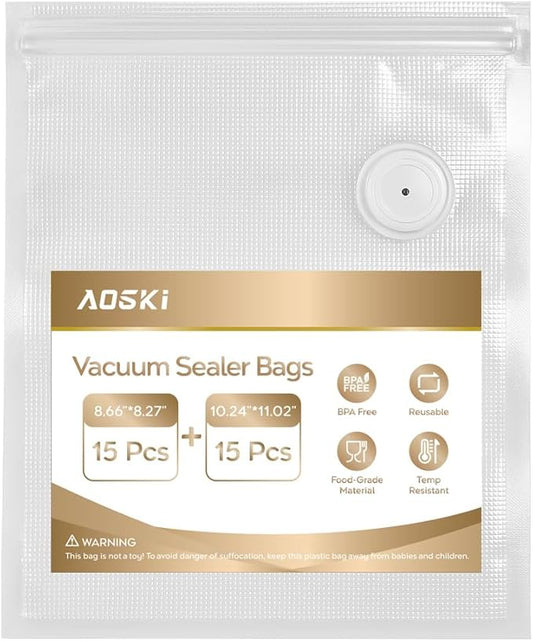 Reusable Vacuum Sealer Bags for Food: 30Pcs BPA-Free Reusable Vacuum Seal Bags with Air Valve & 2 Seal Clips, Plastic Clear Freezer Safe Vacuum Food Storage Bags, Microwaveable Seal Bags for Kitchen