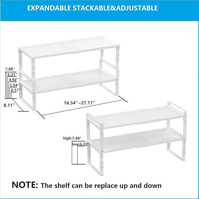 Wobmmi Expandable,Adjustable & Stackable Spice Rack, Cabinet Kitchen Countertop Shelf Organizer,Metal Pantry Storage Shelves - Space-Saving Storage Solution(2Packs/White/Medium)