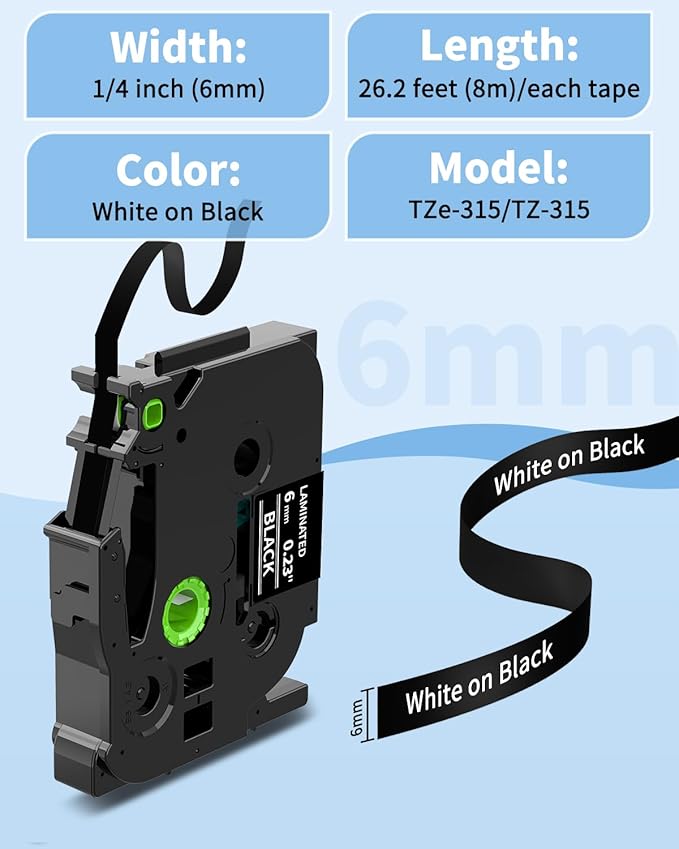 TZe TZ Tape 6mm 0.23" Laminated White on Black Replacement for Brother P Touch TZe-315 TZe315 6mm Label Maker Tape, Compatible with PT-D210 PT-D220 PT-H110 PT-D400 PT-D600, 1/4 in x 26.2 ft, 2-Pack