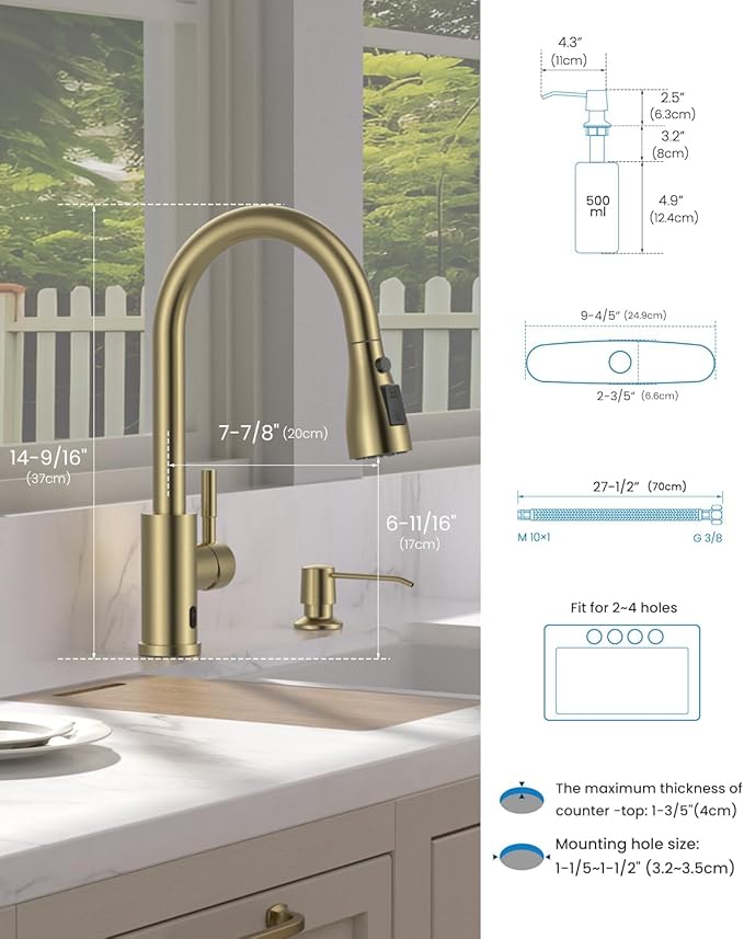 APPASO Touchless Kitchen Faucet Gold, Touchless Kitchen Faucet with Soap Dispenser, Pull-Down Sprayer, Single Handle Stainless Steel, Hands Free for 1-4 Hole Sink, Brushed Gold, Easy Installation