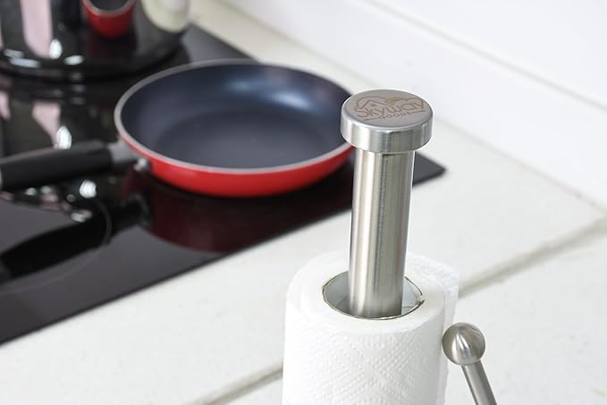 Paper Towel Holder with Marble Base – Heavy Weighted Countertop Holder, Stainless Steel Stand with Natural Stone Base, Modern Kitchen Paper Towel Dispenser