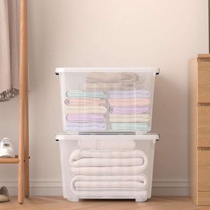 70 Quart 4 Pack Plastic Storage Bins with Latch Lids and Wheels, Clear Large Latching Storage Container