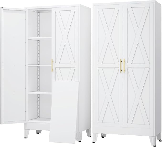 61" Kitchen Pantry Cabinet, Metal Storage Cabinet with 2 Doors and 3 Adjustable Shelves, White Food Pantry Cupboard for Kitchen, Dining Room, Living Room and Bathroom (White)
