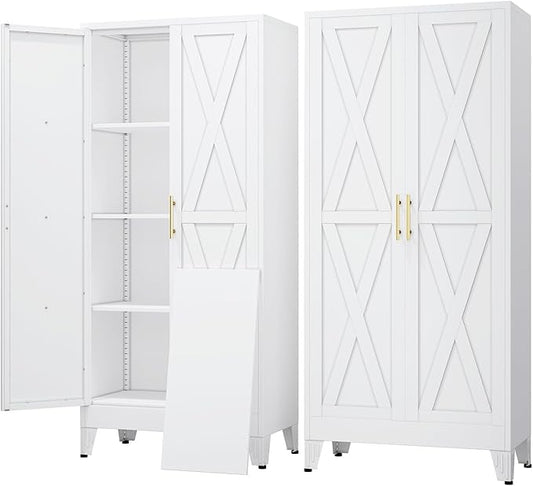 61" Kitchen Pantry Cabinet, Metal Storage Cabinet with 2 Doors and 3 Adjustable Shelves, White Food Pantry Cupboard for Kitchen, Dining Room, Living Room and Bathroom (White)