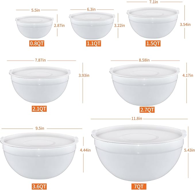 Moxinox White Mixing Bowls with Airtight Lids, Stainless Steel Nesting Mixing Bowls Set of 7, Ideal for Baking, Prepping and Serving Food, Size 7, 3.6, 2.7, 2.1, 1.5, 1.1,0.8 QT, Stackable Design