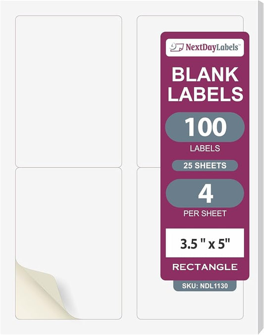 NextDayLabels 3.5x5 Inch Rectangle Stickers White Blank Labels for Laser Inkjet Printer - 4 Per Sheet Self-Adhesive Shipping Address Mailing Made in USA - 100 Labels
