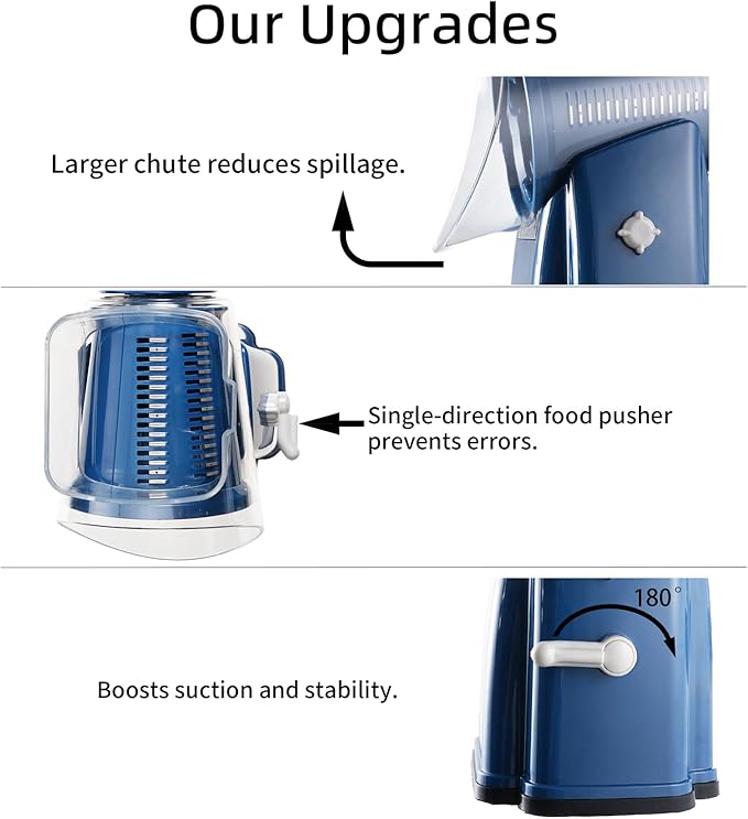 ChinKc Upgrade Rotary Cheese Grater Shredder with Handle, Strong Suction Base, Multi-purpose Rotary Grater Slicer with 5 Interchangeable Blades for Ice, Vegetables, Fruit, Nuts with Blade Storage Box