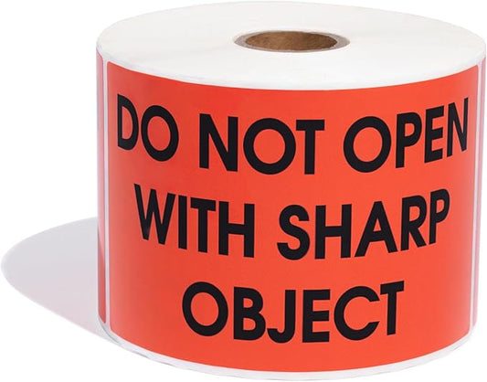 Aegis Adhesives - 3" X 5" Red Do Not Open with Sharp Object Stickers - Warning Labels with Permanent Adhesive (1 Roll, 500/Roll)