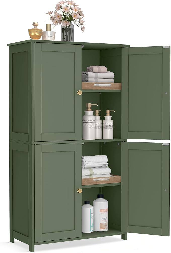 VASAGLE Floor Storage Cabinet, Shaker Cabinet with 2 Adjustable Shelves, 4 Doors, Tall Freestanding Organizer Unit, for Kitchen Bathroom Living Room, Forest Green UBBC553CH01S