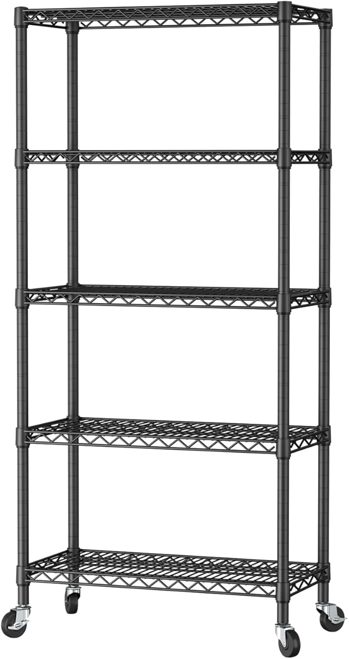 SINGAYE 5 Shelf Adjustable Heavy Duty Storage Shelving Unit with Wheels Steel Organizer Wire Rack Shelves Bathroom Organizers and Shelf Wire Closet Metal Pantry Kitchen Garage 14" DX30 WX70 H Black