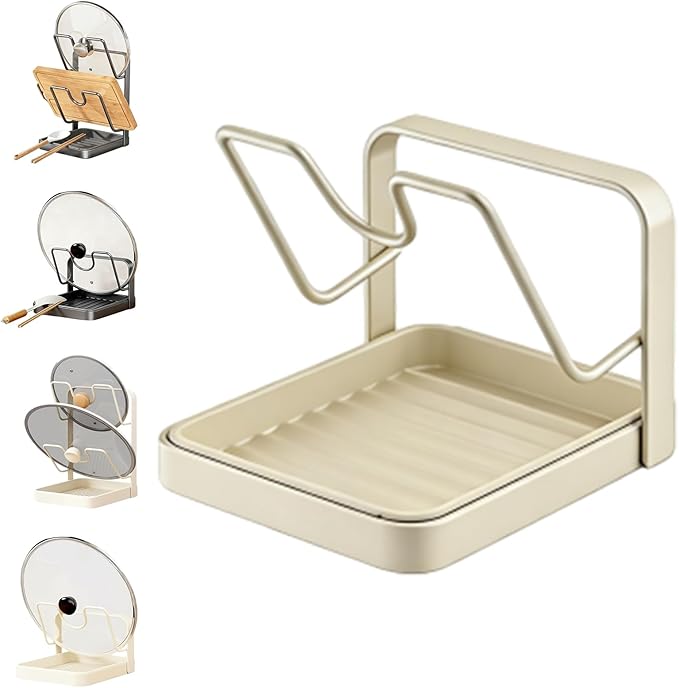 Kitchen Pot Lid Storage Rack, Pot Lid Organizer Rack, Holder While Cooking, Multifunctional Kitchen Pot Cover Organizer for Countertop, Two-Compartment Spatula Holder for Counter Stove Top (White A)