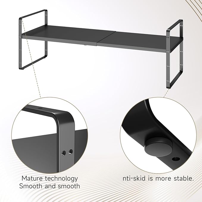 taiheis 16.5~27.1" Expandable Shelf Organizer, 2Pack 8.1" Wide Stackable Cabinet Shelf Organizers, Black Metal Sturdy Kitchen Counter Storage for Countertop, Adjustable Height Spice Rack