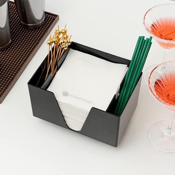 Restaurantware Bar Lux 7.9 Inch x 5.5 Inch Napkin Holder 1 3-Compartment Condiment Caddy - Rectangle Tabletop Black Plastic Napkin Caddy Refillable Easy Access