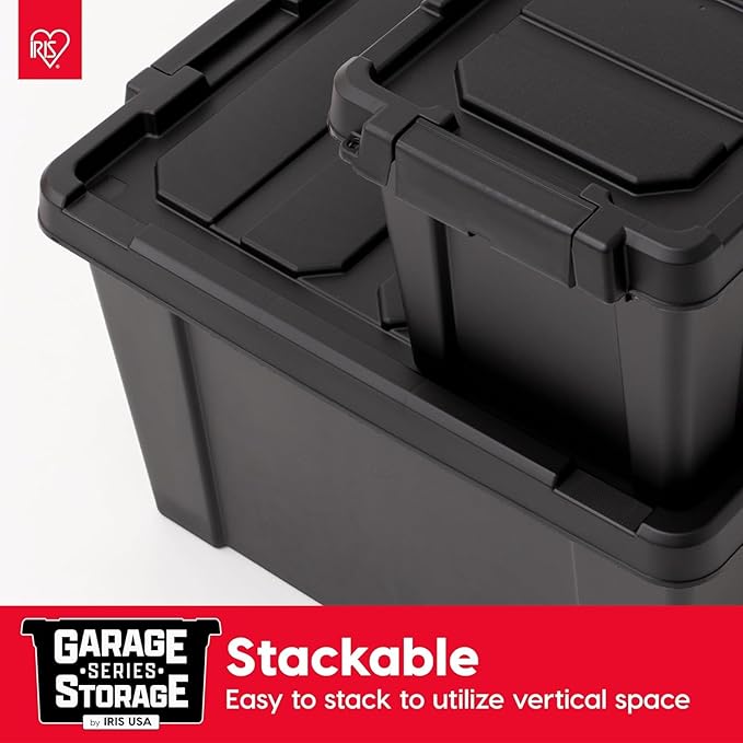 IRIS USA 20 Gallon Lockable Storage Bins with Lids, 6 Pack - Made in USA, Heavy Duty, Stackable Containers, Garage Organizing Bins Moving Tubs, Rugged Sturdy Equipment Utility Box - Black