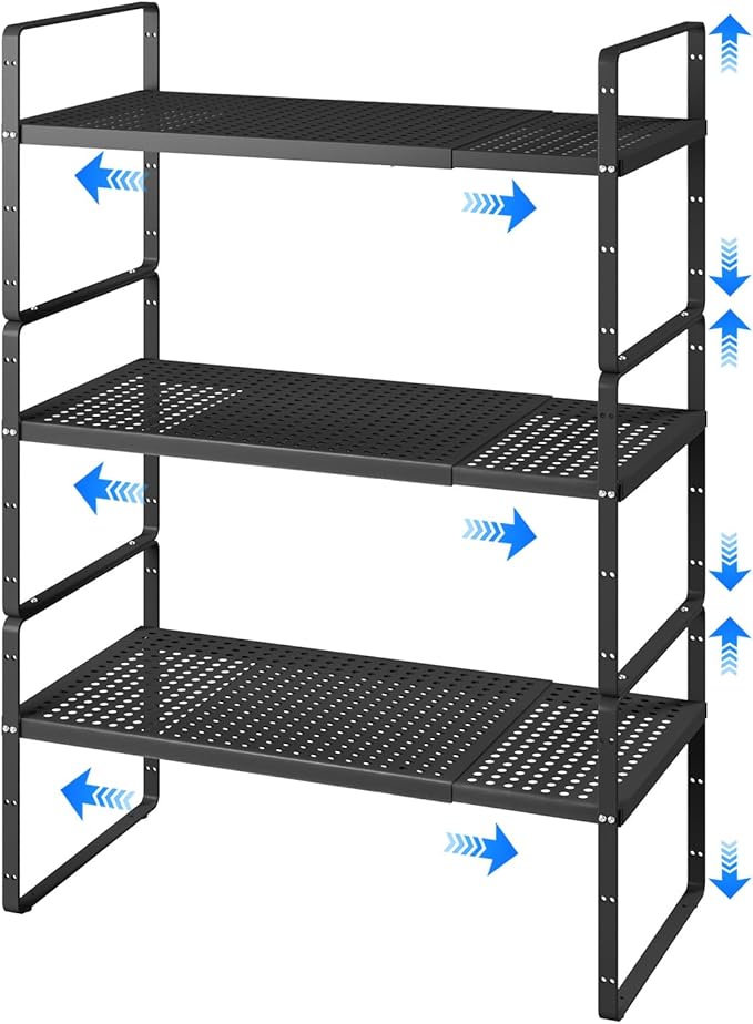 KIKIBRO Expandable Kitchen Shelf Organizers, Kitchen Cabinet Organizer Stand Rack Organization for Countertop Cupborad Pantry, Black 3 Pack
