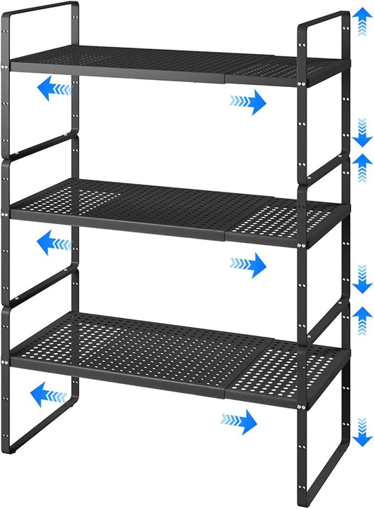 KIKIBRO Expandable Cabinet Shelf Organizers, Kitchen Small Stand Rack Organization for Countertop Cupborad Pantry, Black 3 Pack