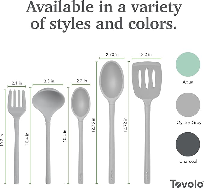 Tovolo Flex Core Silicone Cooking Utensils Set of 5 Slotted Turner Spatula Spoons Fork Ladle Non Stick Dishwasher Safe Heat Resistant Kitchen Tools for Cooking Baking Serving Food Prep Oyster Gray