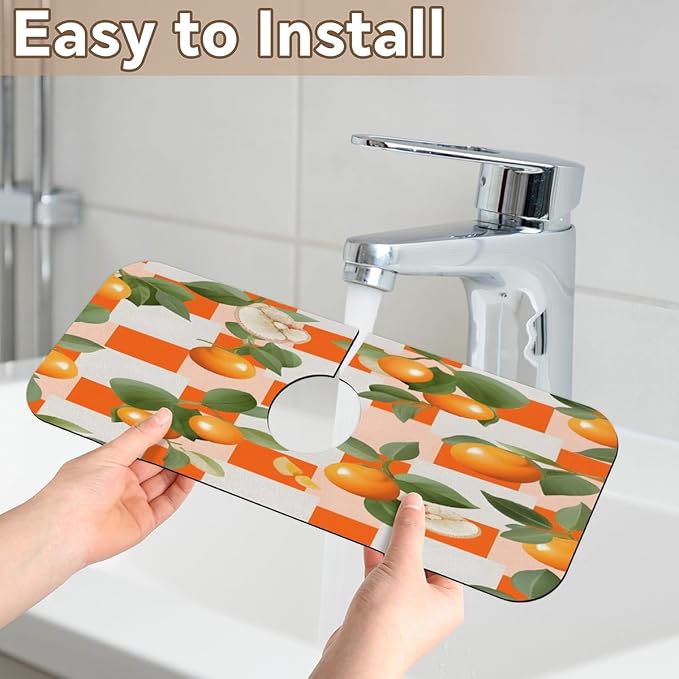 Orange Leaf Grid Pattern Kitchen Faucet Mat Splash Guard, 15.4”x5.7” Absorbent Quick Drying Sink Mat for Countertop Protection, Draining Mat Sink Protectors For Kitchen Bathroom, 2 Pack