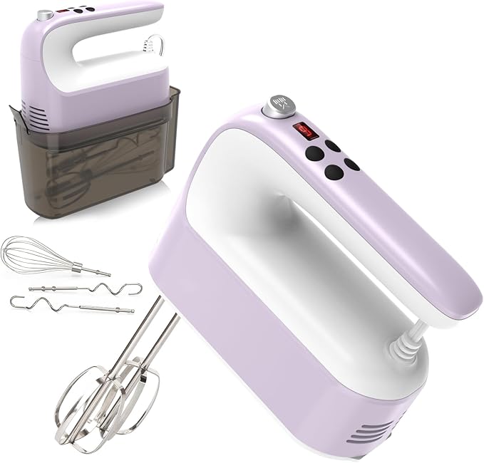 Yomelo 9-Speed Digital Hand Mixer Electric, 400W Powerful DC Motor, Hand Mixer Electric Handheld with Snap-On Storage Case, 5 Stainless Steel Accessories, Beaters, Dough Hooks, Whisk(Lilac Purple)